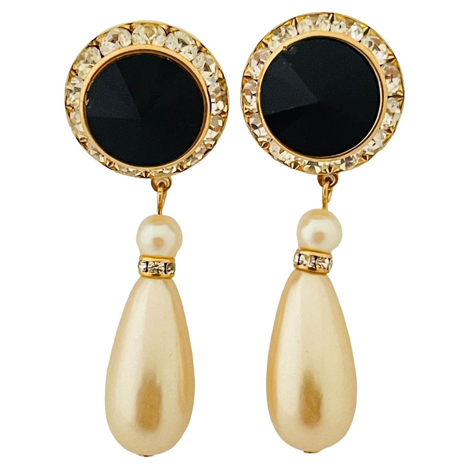 Vintage Gold Black Rivioli Glass Clear Rhinestones Drop Pearl Designer Earrings